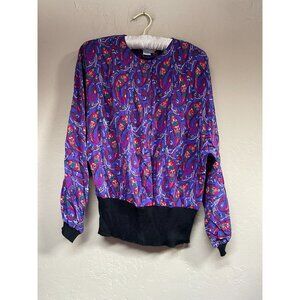 Vintage Cadaz Women's Button Front Paisley Print Silk Blouse Top Size 6 Purple